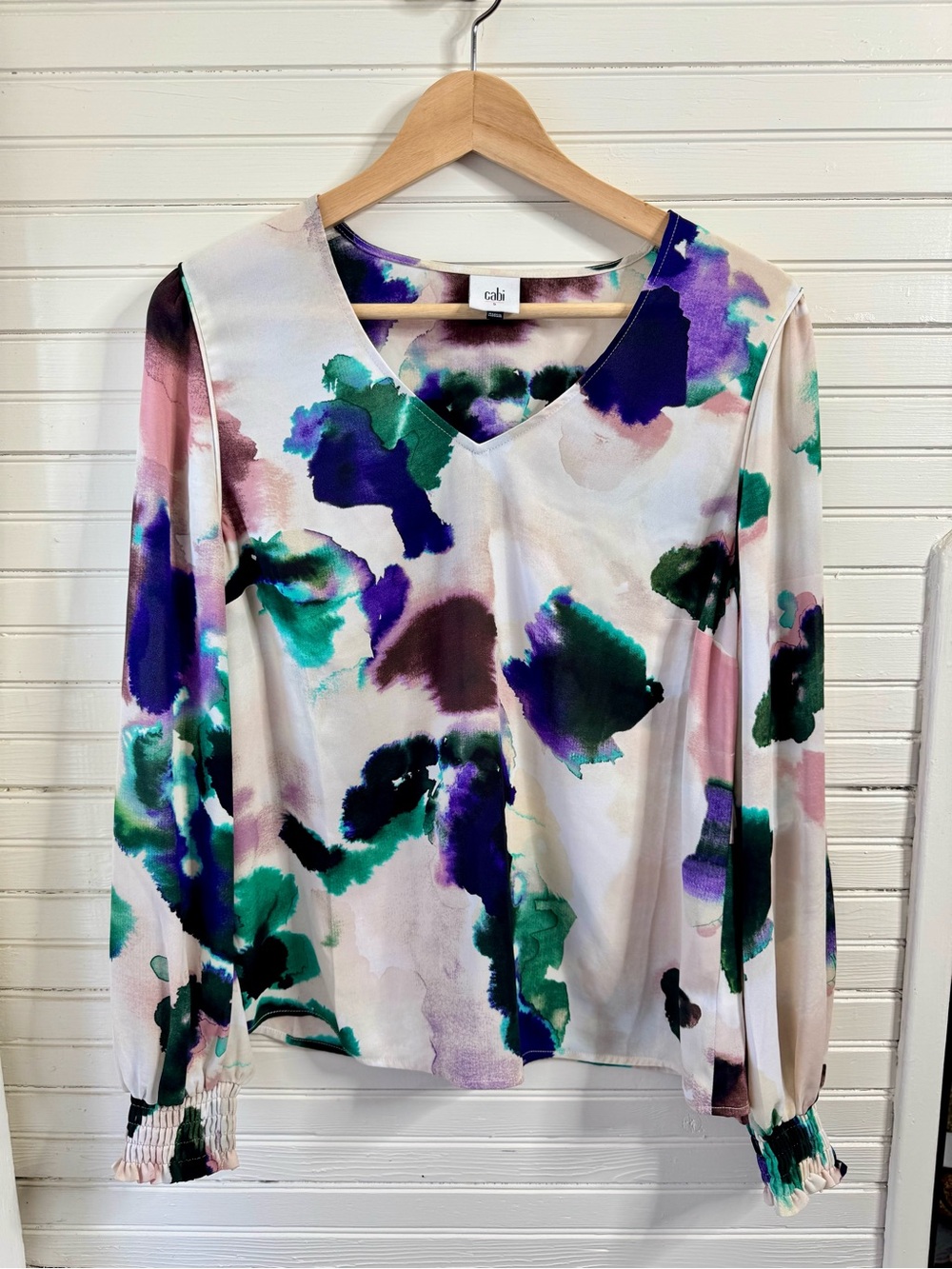 CAbi V-Neck Watercolor Long Sleeve Blouse - White with Green, Purple, Pink